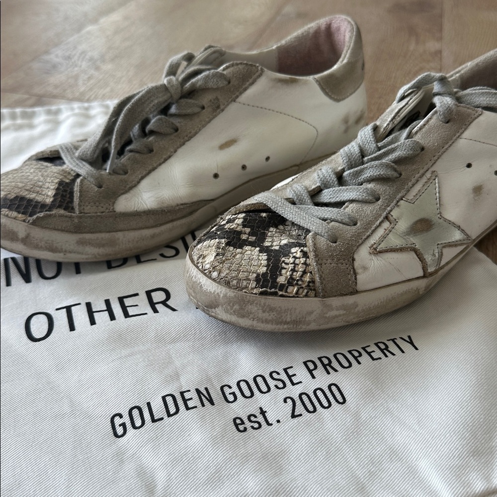 Golden Goose White and Snake Pattern Sneakers
